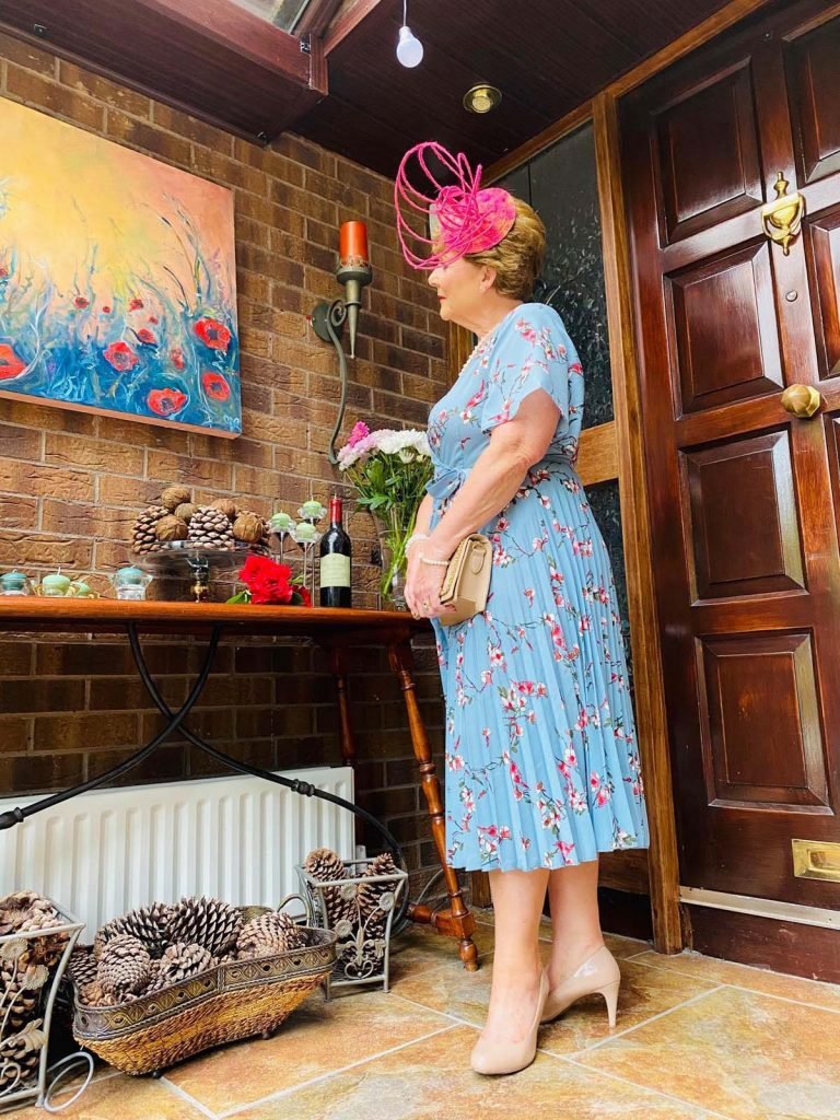 Ballinrobe Races Virtual Ladies Day - Margaret O' Rourke wearing Irish Designer Saraden Designs Millinery Atelier