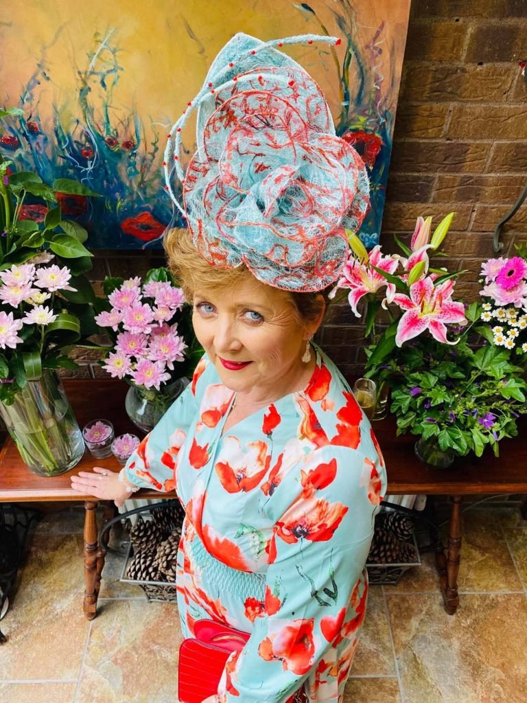 Dundalk Stadium Virtual Ladies Day - Margaret O' Rourke wearing Irish Designer Saraden Designs Millinery Atelier