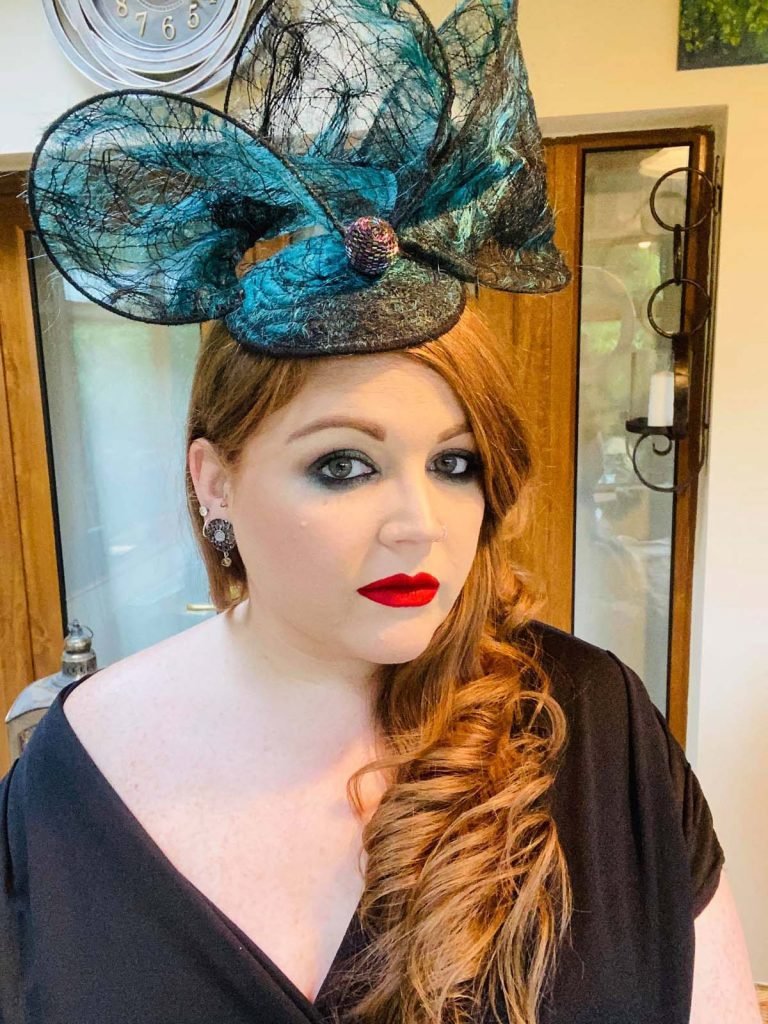 Sarah O' Rourke wearing Irish Designer Saraden Designs Millinery Atelier