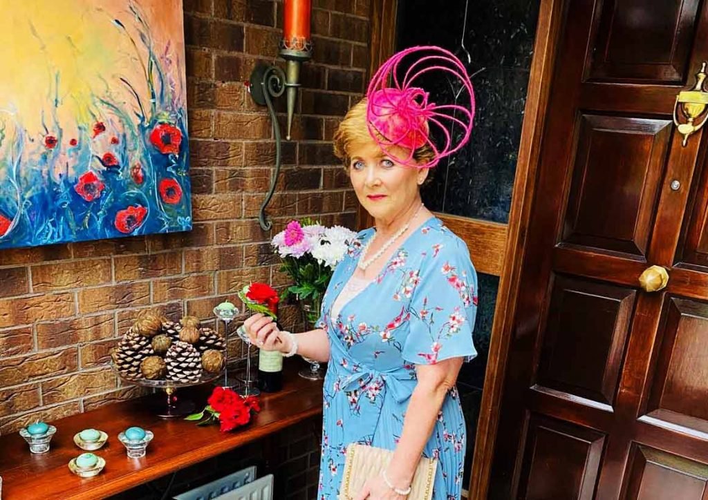 Ballinrobe Races Virtual Ladies Day - Margaret O' Rourke wearing Irish Designer Saraden Designs Millinery Atelier