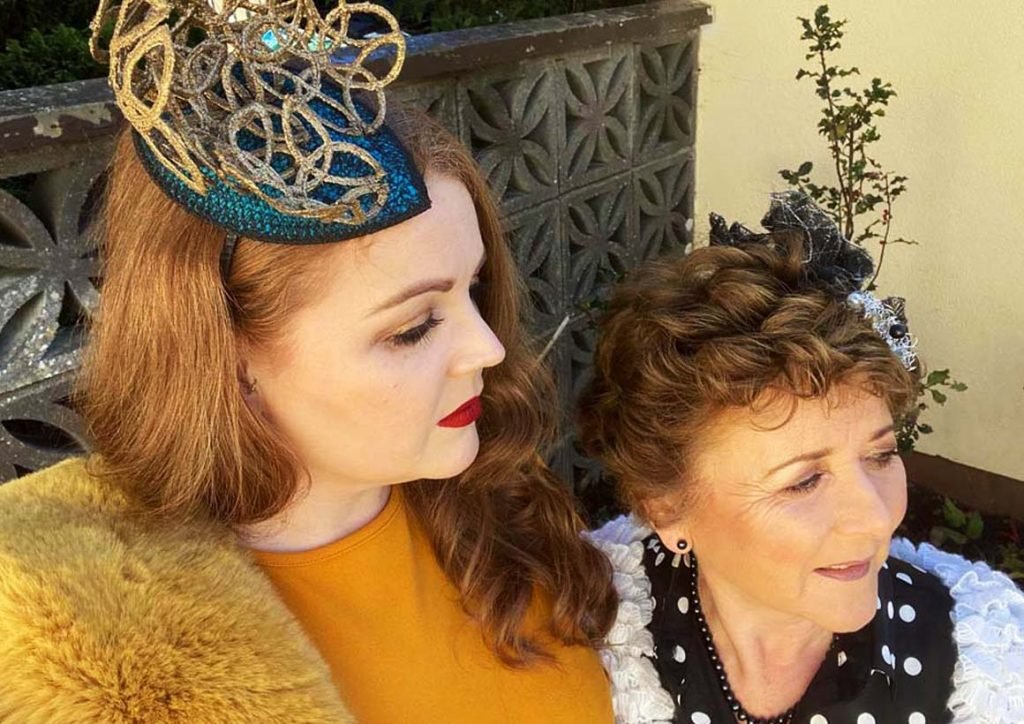 Listowel Races, Virtual Ladies Day - Irish Designer Sarah O' Rourke with Margaret O' Rourke wearing Saraden Designs Millinery Atelier