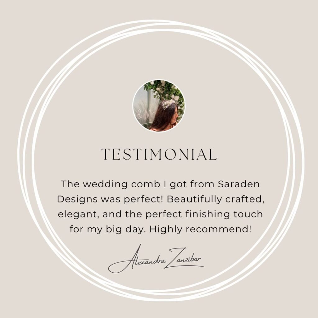 Client testimonial for Saraden Designs praising the handcrafted quality and unique millinery design
