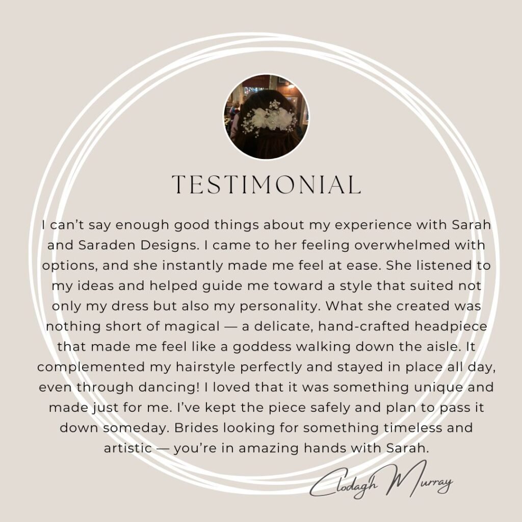 Client testimonial for Saraden Designs praising the handcrafted quality and unique millinery design