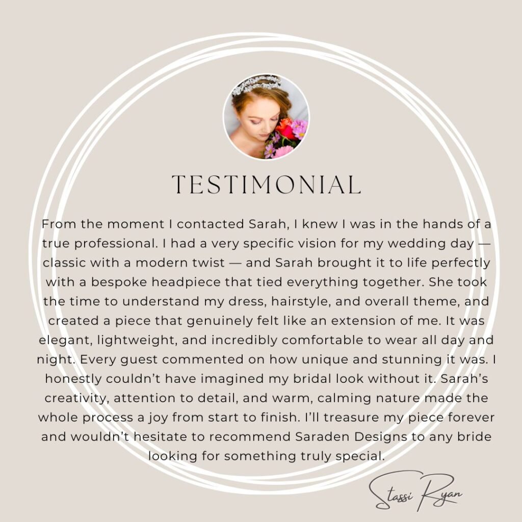 Client testimonial for Saraden Designs praising the handcrafted quality and unique millinery design