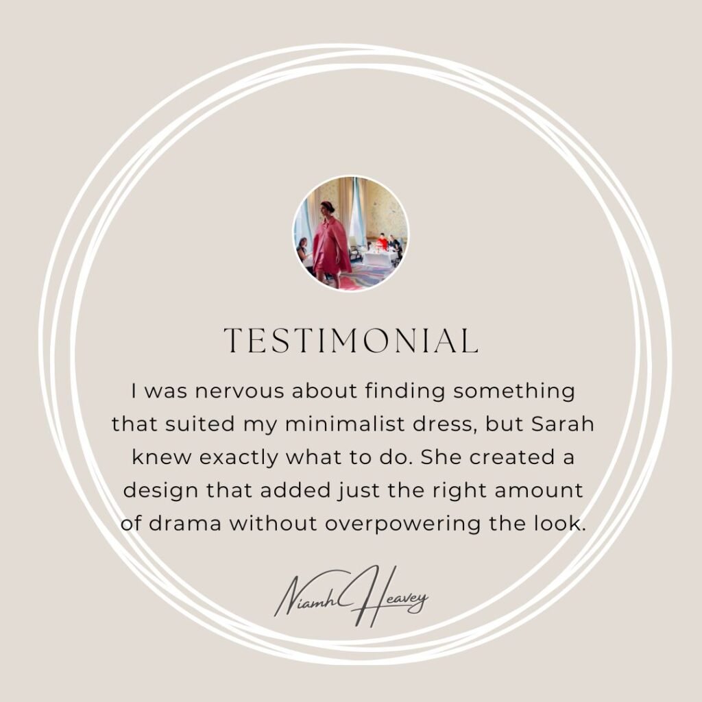 Client testimonial for Saraden Designs praising the handcrafted quality and unique millinery design