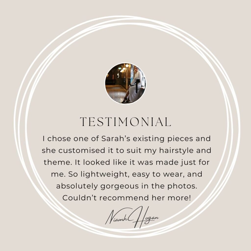 Client testimonial for Saraden Designs praising the handcrafted quality and unique millinery design