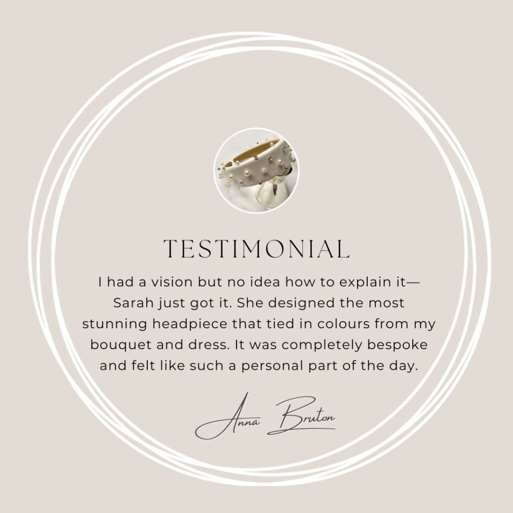 Client testimonial for Saraden Designs praising the handcrafted quality and unique millinery design