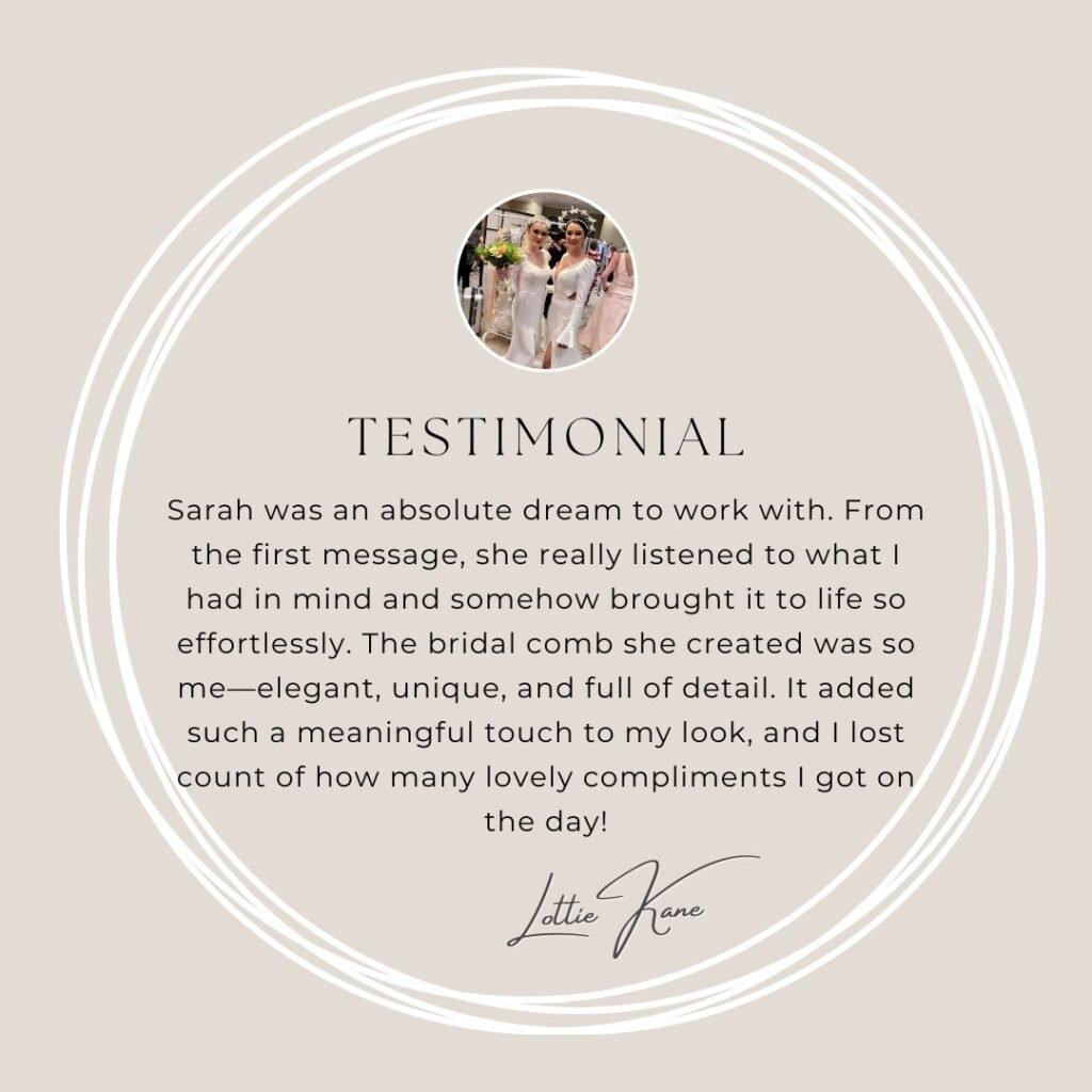 Client testimonial for Saraden Designs praising the handcrafted quality and unique millinery design