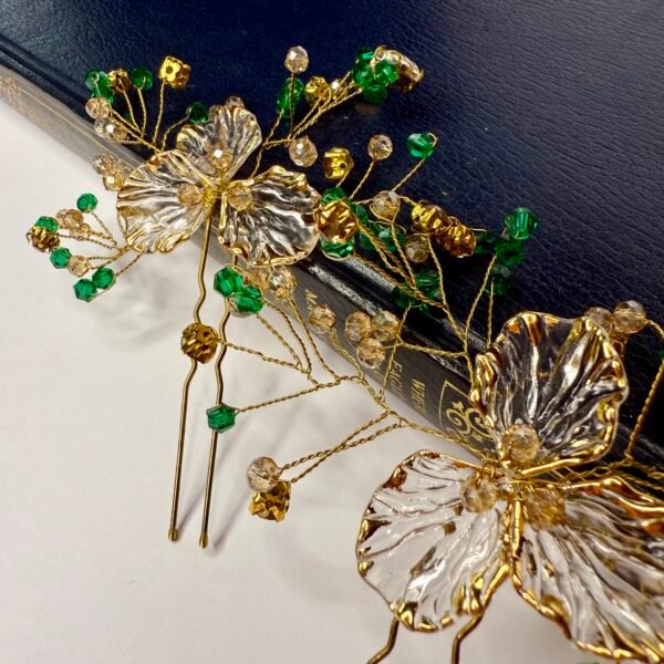 Saraden Designs Sasha Hair Pin – bridal gold & green crystals