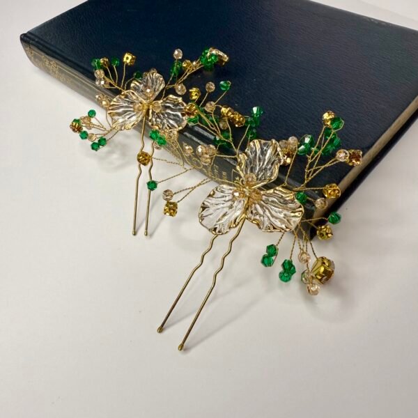 Saraden Designs Sasha Hair Pin – bridal gold & green crystals