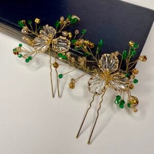 Saraden Designs Sasha Hair Pin – bridal gold & green crystals