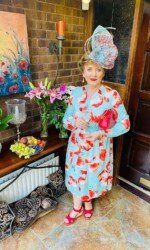 Dundalk Stadium Virtual Ladies Day - Margaret O' Rourke wearing Irish Designer Saraden Designs Millinery Atelier