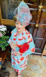 Margaret O' Rourke wearing Irish Designer Saraden Designs Millinery Atelier - Dundalk Stadium Virtual Ladies Day
