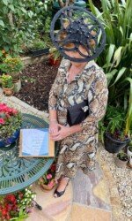 Margaret O' Rourke wearing Irish Designer Saraden Designs Millinery Atelier - Virtual Galway Races