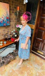 Margaret O' Rourke wearing Irish Designer Saraden Designs Millinery Atelier -Ballinrobe Races Virtual Ladies Day