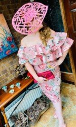 Sarah O' Rourke wearing Irish Designer Saraden Designs Millinery Atelier -Ballinrobe Races Virtual Ladies Day