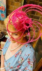 Margaret O' Rourke wearing Irish Designer Saraden Designs Millinery Atelier -Ballinrobe Races Virtual Ladies Day