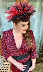 Feileacain Fashion Filies Virtual Ladies Day Margaret O' Rourke wearing Saraden Designs Millinery Atelier for the Kilbeggan Virtual Ladies Day