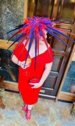 Sarah O' Rourke wearing Irish Designer Saraden Designs Millinery Atelier - Dundalk Stadium Virtual Ladies Day