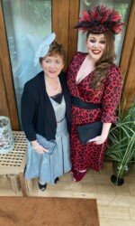 Kilbeggan Races Margaret & Sarah O' Rourke wearing Saraden Designs Millinery Atelier for the Kilbeggan Virtual Ladies Day