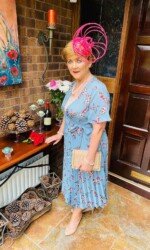 Ballinrobe Races Virtual Ladies Day - Margaret O' Rourke wearing Irish Designer Saraden Designs Millinery Atelier