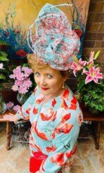 Dundalk Stadium Virtual Ladies Day - Margaret O' Rourke wearing Irish Designer Saraden Designs Millinery Atelier