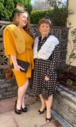 Irish Designer Sarah O' Rourke with Margaret O' Rourke wearing Saraden Designs Millinery Atelier at the Listowel Virtual Ladies Day
