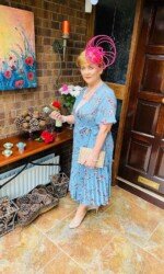 Ballinrobe Races Virtual Ladies Day - Margaret O' Rourke wearing Irish Designer Saraden Designs Millinery Atelier