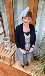 Kilbeggan Races Margaret O' Rourke wearing Saraden Designs Millinery Atelier for the Kilbeggan Virtual Ladies Day