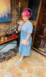 Ballinrobe Races Virtual Ladies Day - Margaret O' Rourke wearing Irish Designer Saraden Designs Millinery Atelier