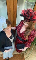 Margaret & Sarah O' Rourke wearing Saraden Designs Millinery Atelier for the Kilbeggan Virtual Ladies Day