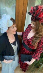 Kilbeggan Races Margaret & Sarah O' Rourke wearing Saraden Designs Millinery Atelier for the Kilbeggan Virtual Ladies Day
