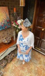 Margaret O' Rourke wearing Award winning Irish Designer Saraden Design Millinery Design at The Curragh's virtual Style Event