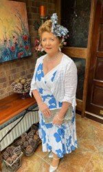 Margaret O' Rourke wearing Award winning Irish Designer Saraden Design Millinery Design at The Curragh's virtual Style Event