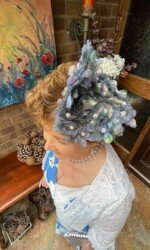 Margaret O' Rourke wearing Award winning Irish Designer Saraden Design Millinery Design at The Curragh's virtual Style Event