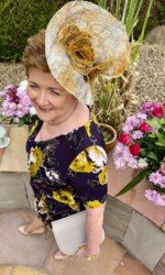 Margaret O' Rourke wearing Saraden Designs Millinery Atelier